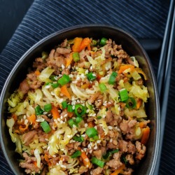 1-a5. menu de la semaine: Sauté de bœuf haché et légumes à la coréenne, nouilles aux oeufs