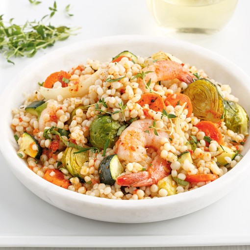 a1. menu de semaine - Salade de couscous perlé aux crevettes, légumes et vinaigrette au miel et balsamique blanc