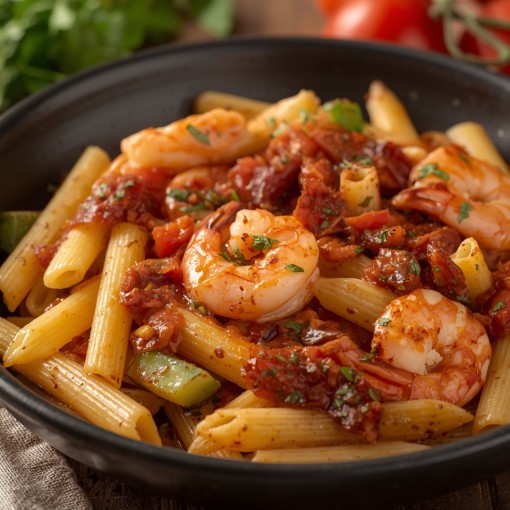 a2. menu de la semaine - Pâtes aux crevettes, pancetta, légumes et sauce san marzano