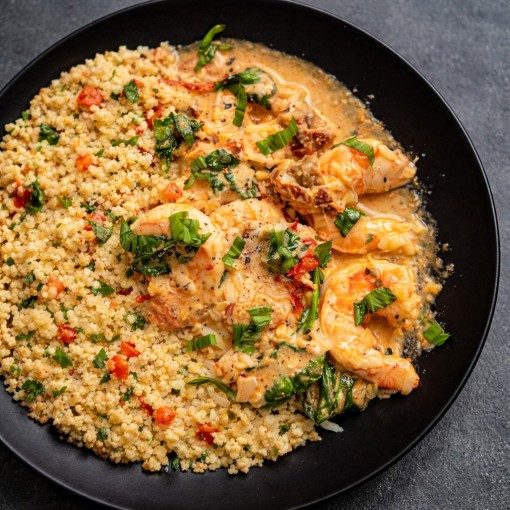 a2. menu de semaine -  Crevettes Toscane, couscous à l'italienne aux légumes