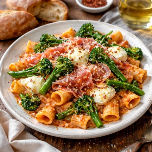 a2. menu de la semaine: Pâtes rosées au prosciutto, fior di latte et légumes verts