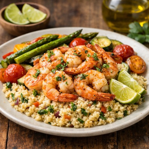 a2. menu de la semaine - Crevettes lime & ail avec couscous et légumes