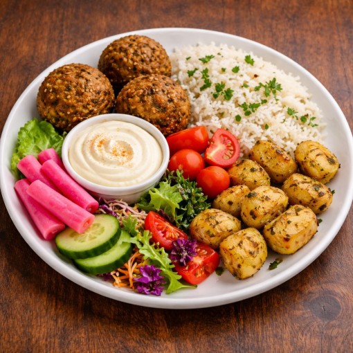a4. menu de semaine - Assiette falafel avec riz, pommes de terre et légumes